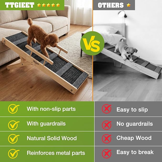 Upgraded Dog Ramp for Couch, Foldable Wooden Pet Ramp with 4 Adjustable Heights from 14'' to 22", Portable Pet Steps with Detachable Guardrails for Small Dogs, Puppies, Injured and Old Dogs