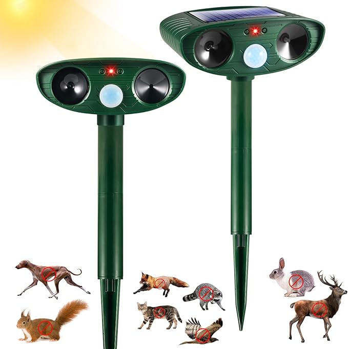 2 Pcs Solar Ultrasonic Animal Repeller Outdoor Squirrel Cat Deer Repellent Devices Waterproof with Motion Sensor,Effective Against Dog,Raccoon,Skunk,Rabbit,Coyote Deterrent for Yard Garden Protection