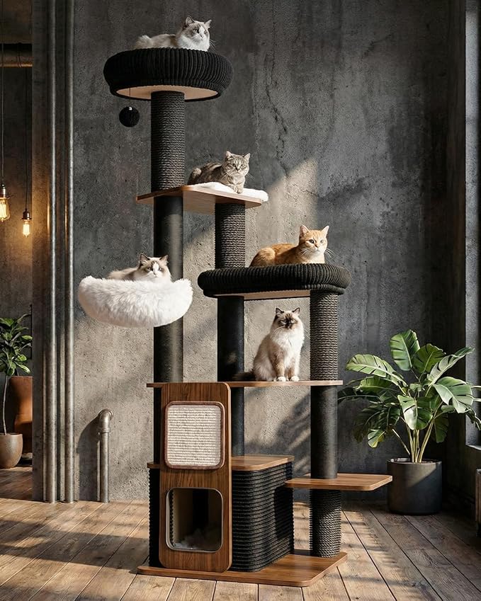 63" Modern Cat Tree Tower for Indoor Cats, Heavy Duty Cat Trees for Large Cat, Adult Maine Coon Cat Tree Tower with Scratching Post, Extra Large Top Perch, Cat Condos, Jet Black