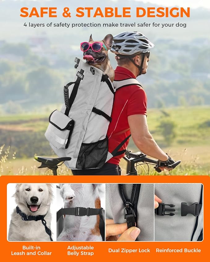 Dog Backpack Carrier for Medium Dogs - 4-Layer Protection, Under 30 lb, Waterproof, Adjustable Dog Travel Bag with Storage Pockets, Reflective Strips, Non-Slip Handle for Hiking - Grey