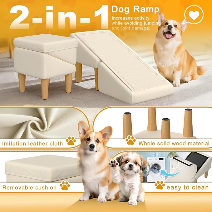 Split Ottoman Dog Ramp, 23-Degree Puppy Ramps for Small Dogs, Solid Wood Anti-Slip Dog Ramp for Couch, Includes Removable Anti-Slip Mat and Seat Cushion, for Small and Injured Dogs & Cats