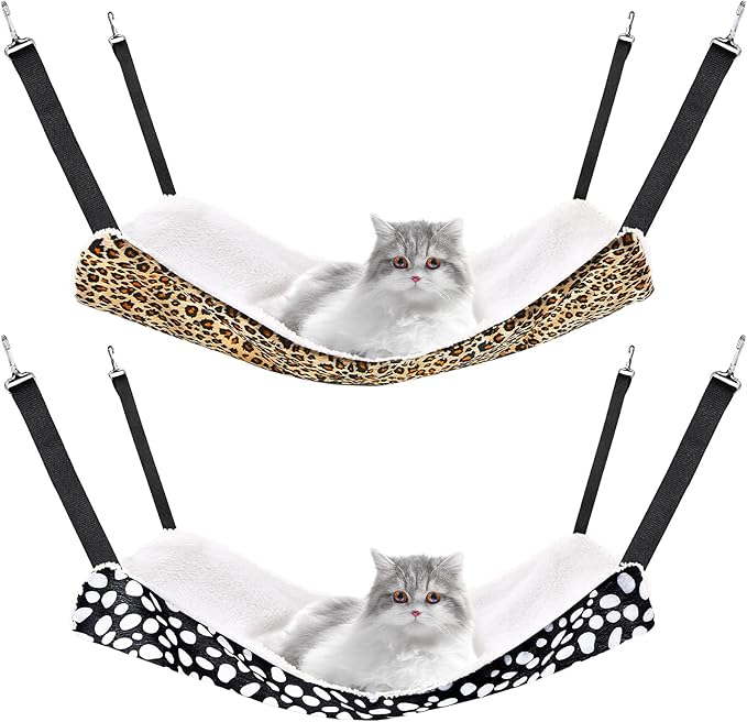 Jetec 2 Pack Cat Hammock for Cage, Catio Accessories Reversible Soft Cats Bed with Adjustable Straps and Hooks Double-Sided Linen and Fleece Hanging Hammock for Cats, Kitten(Leopard and Dot,S)