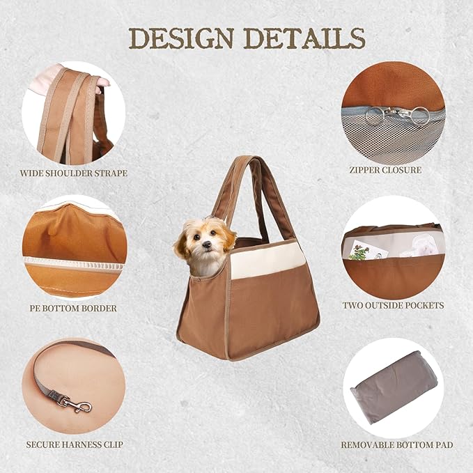 Dog Cat Purse Carrier for Small Pets, Dog Carrier with Secure Harness Clip, Zipper Closure Small Dog Cat Bag Carrier for Pets-Brown, Up to 15 Lbs