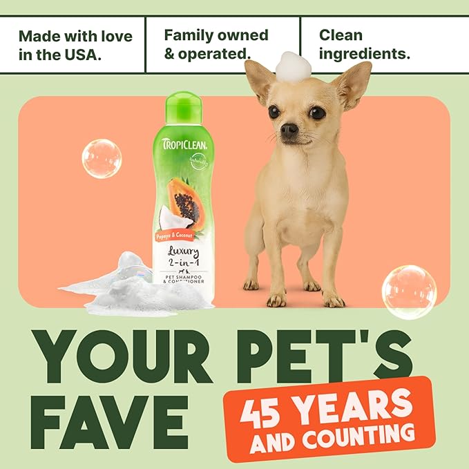 TropiClean 2-in-1 Dog Shampoo and Conditioner, Professional Dog Shampoo, Moisturizing Detangler, Puppy Safe, Made in USA, Papaya Scent, 2.5 Gallon