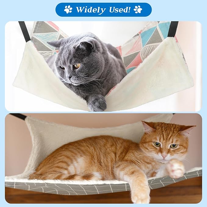 Jetec 2 Pack Cat Hammock for Cage, Catio Accessories Reversible Soft Cats Bed with Adjustable Straps and Hooks Double-Sided Linen and Fleece Hanging Hammock for Cats, Kitten(Geometry Pattern,L)