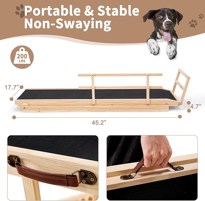 SLSY Dog Ramp for Bed, Couch & SUV, Upgraded Folding Adjustable Pet Ramp with Non-Slip Rubber Mat, 45.2" Long, 5 Heights 15.7''–23.6", Portable Wooden Step Supports up to 200 lbs for Pet(Natural)