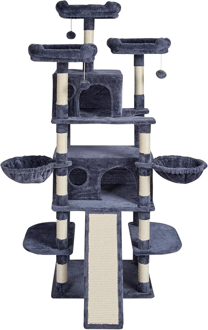 VEVOR Cat Tree for Indoor Cats, 68.5" Cat Tower with 2 Cat Condos, Sisal Scratching Post, Hammocks, Top Perches, Jumping Platforms and Ramp, Cat Furniture Activity Center with Hang Balls, Dark Grey