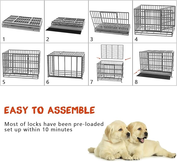 LEMBERI 48/42/38 Inch Heavy Duty Indestructible Dog Crate, Escape Proof Double Door Dog Kennel with Lockable Wheels, High Anxiety Extra Large Dog Cage Indoor Use, with Removable Tray