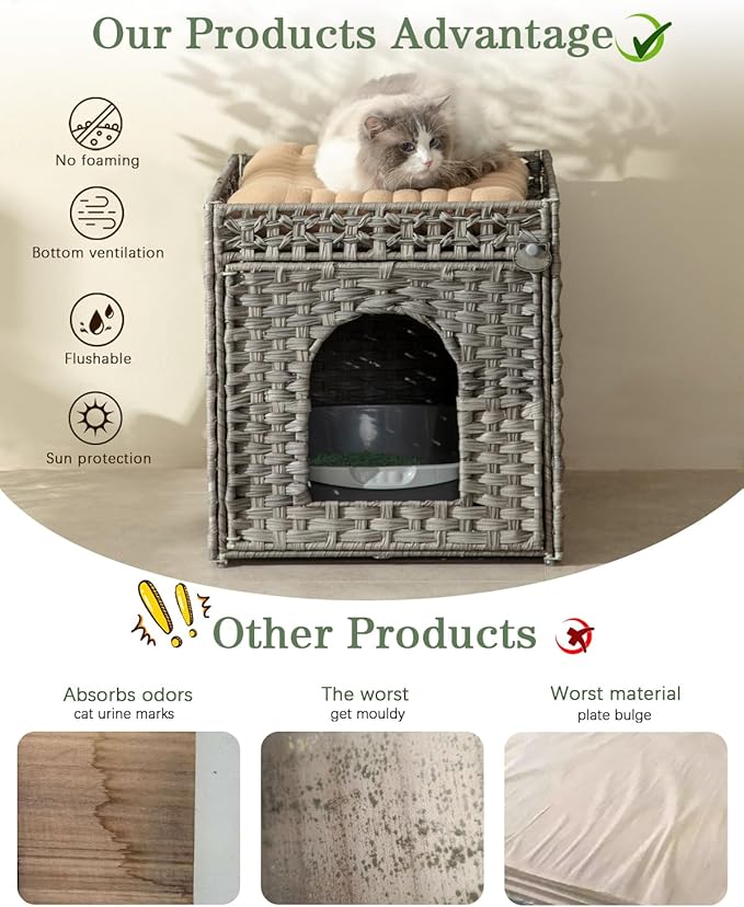 Cat Litter Enclosure with Hidden Litter Mat and Rattan Cat House, Supports Two Litter Boxes, Ideal for Living Room or Bedroom (Gray)