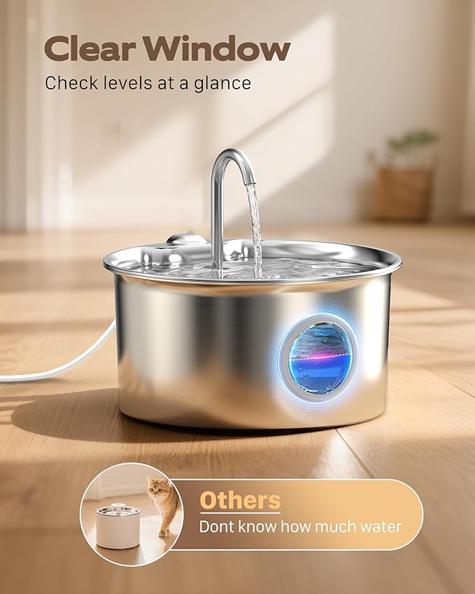 Stainless Steel Cat Water Fountain: Cat Fountain with 6 Filters + 3 Sponges - 88oz/2.6L Pet Water Fountain for Cats Inside - Silent Cats Water Bowl Dispenser - ATMZIQXR Kitty Drinking Fountains