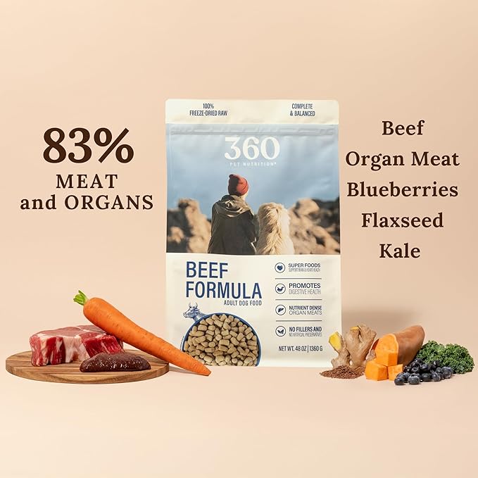 360 Pet Nutrition Freeze-Dried Raw Dog Food – Beef Recipe with Liver & Organs, High Protein with Omega-3s, Fruits, Veggies & Superfoods, Grain-Free, No Filler 2 x 48 oz – Made in USA