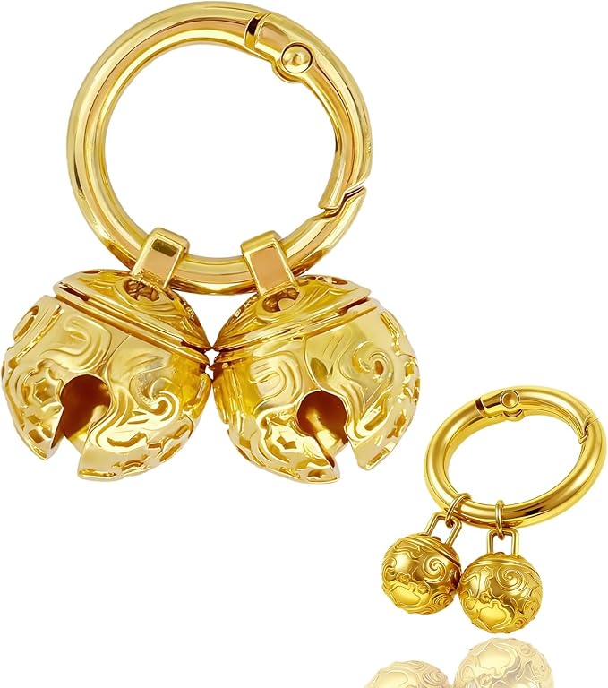 Dog Bells for Collar - 2 Pack Gold Plated Brass Dog & Cat Bells with Engraved Protective Charm, Quick Clasp for Anti-Lost Tracking, Gift for Small & Medium Pet Lovers (Gold,S+M)