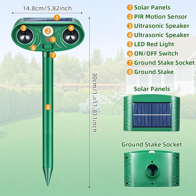 2026 Solar Animal Repellent Outdoor&Cat Repellent Outdoor with Motion Deer Repellent Devices Ultrasonic Cat Deterrent Fox Raccoon Squirrel Rabbit Coyote Deterrent for Farm Orchard Garden 4 PCS