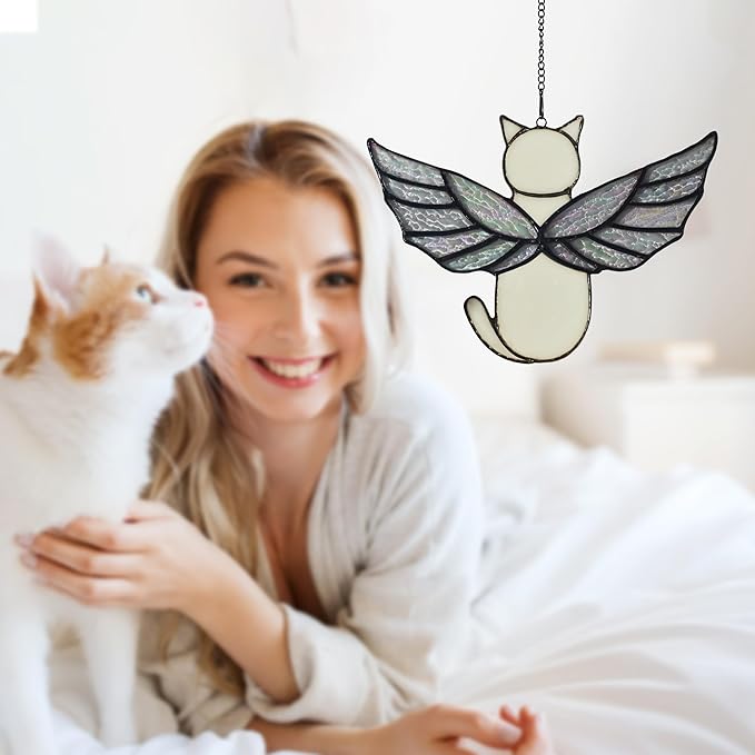 Angel Rainbow Wing Memorial Gifts - Stained Glass Cat Suncatcher, Loss of Cat Sympathy Gift (White)