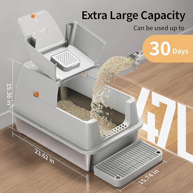 Stainless Steel Cat Litter Box with Lid, 180° Flip-Top XL Extra Large Enclosed Litter Box, Covered Metal High Sided Litter Pan with Steps & Scoop, Easy Cleaning, Odor Control, Non-Sticky-Grey