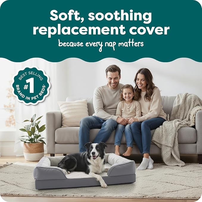 FurHaven Dog Bed Cover Replacement, Sofa-Style Design with Soft, Breathable Fabric for Cozy Comfort, Machine Washable, Large, Plush & Velvet, Granite Gray