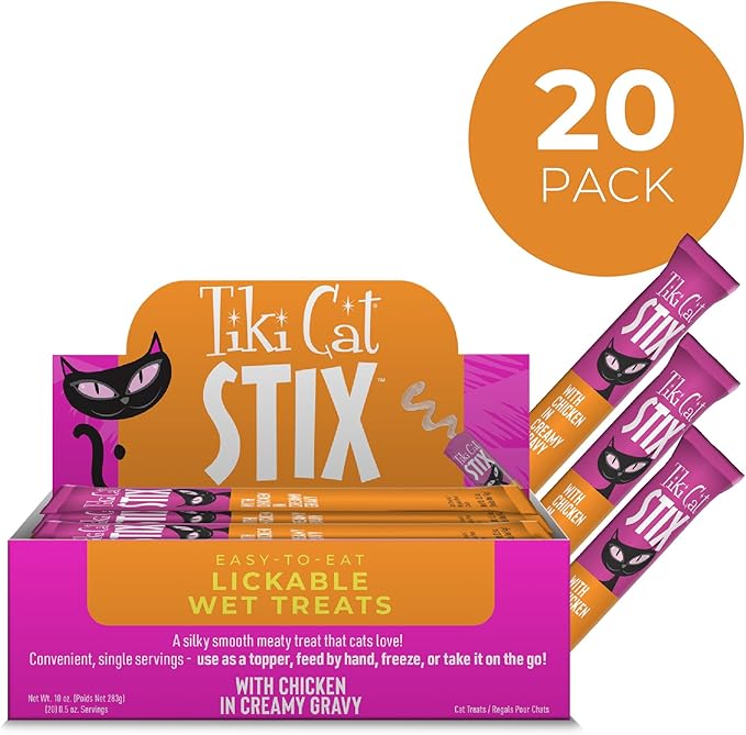 Tiki Cat Stix Mousse Treats, Single Serve Indulgent Lickable Treat or Dry Food Topper, with Chicken in Creamy Gravy, 0.5 oz. Servings (20 Count)