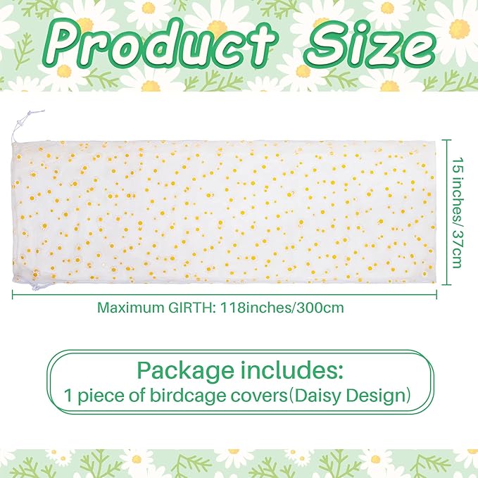 Shappy Large Bird Cage Net Cover for Seed Bird Cage Skirt Seed Catcher with Daisy Pattern Adjustable Nylon Protector for Budgie Parrot Parakeet Macaw(X-Large,White Daisy)