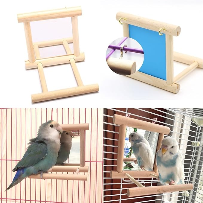 Hamiledyi Bird Mirror Parakeet Mirror Perch Stand Wooden Swing Mirror Toy Cage Accessories for Parrots Budgies Parakeets Cockatiels Lovebirds Finches