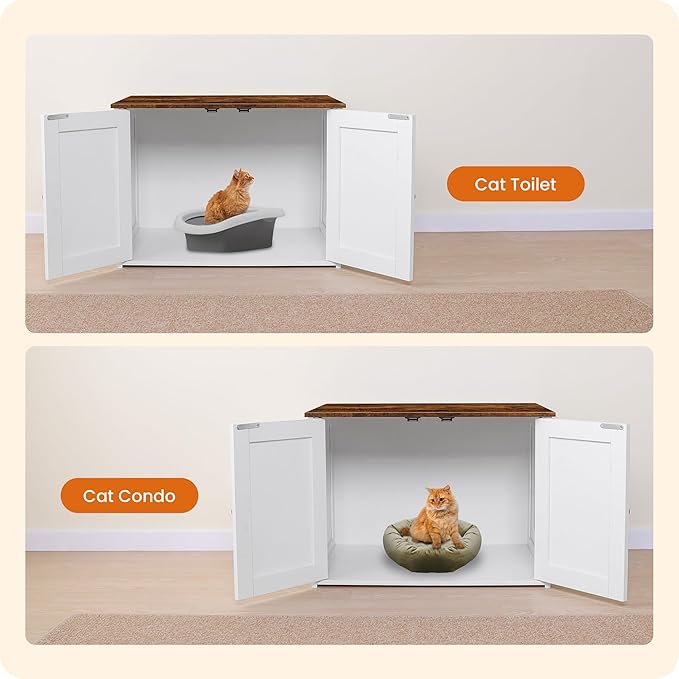 Dwanton Litter Box Enclosure, Cat Litter Box Furniture Hidden, Reversible Entrance Can Be on Left or Right Side, Wooden Cat Washroom Indoor, White and Rustic Brown, 27.6 Inches