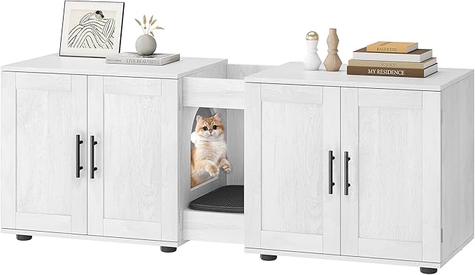 Garvee Cat Litter Box Enclosure for 2 Cats, 55" Hiddden Litter Box Enclosure Furniture 3-in-1 Wooden Litter Cabinet with Barn Door & Double Rooms for Bedroom Living Room,White