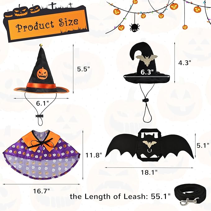 Halloween Pet Costumes Cat Wizard Costume Dog Funny Wizard Clothes Cat Bat Wings Wizard Hat Cute Pumpkin Cloak Outfits for Kittens Puppies