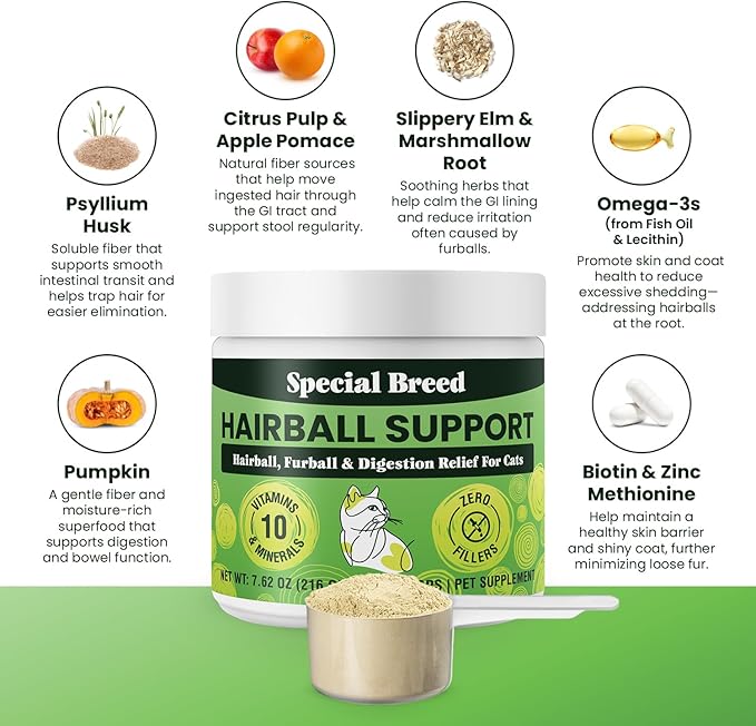 Special Breed Hairball Support for Cats - 10 Super Ingredients for Hairball Relief, Digestive Support & Healthy Skin - No Fillers - Psyllium, Pumpkin, Omega-3s & More - 720 Scoops