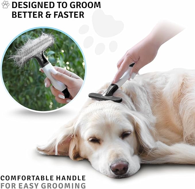 POODLIE Poodle Pet Dog Grooming Rake | Dematting Tool with Stainless Steel Shedding Comb for Pets | 2 Rows of Pins Gently Remove Loose or Tangled Hair from Undercoat (Black)