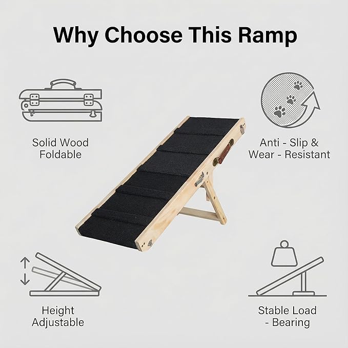 Wooden Pet Ramp for Bed, Foldable Dog Ramp with Removable Side Rails, Lightweight Ramp for Dogs for Large Dogs Senior Cats, Supports up to 50 lbs for Easy Access to Bed or Car (Trumpet)