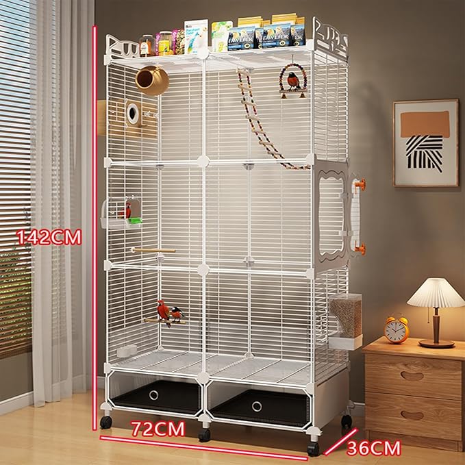 Large Parrot Cage with Acrylic Doors, 4 Casters, Perch & Feeder, Detachable Drawer, Ideal for Cockatiels, Budgies, Conures, Indoor/Outdoor Use – Spacious White Birdcage (White, 72 * 36 * 142)