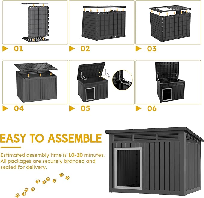 Fancyango Large Weatherproof Dog House with Removable Roof for Indoor & Outdoor Use - Spacious (42.8" L x 33" W x 31.5" H) Classic Black