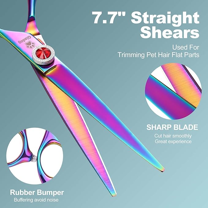 GLADOG Pro Rainbow 7 Inch Professional Pet Grooming Scissors Kit, 6-in-1 Dog Scissors, Titanium Coated, Stainless Steel, Right Handed, 5 Count
