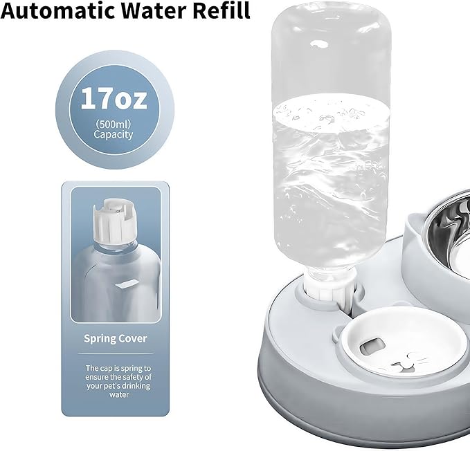 Marchul 3 in 1 Cat Bowl, Cat Food and Water Bowl Set with Water Dispenser and Stainless Steel Bowls, 15° Tilted Pet Raised Three Bowls for Indoor Cats, Small or Medium Sized Dogs，(Light Gray)