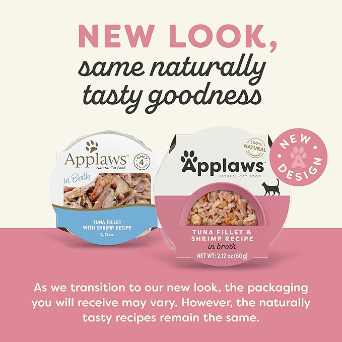 Applaws Natural Wet Cat Food in Broth, Limited and Natural Ingredients, High Protein with No Artificial Additives, Tuna Fillet & Shrimp in Broth (10 x 2.12 oz Easy-Open Cups)