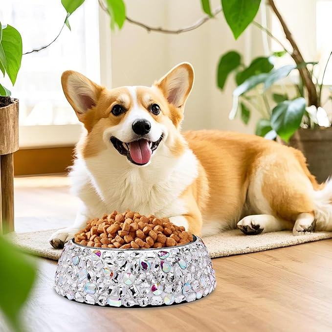 SlowVibes Bling Stainless Steel Dog Bowls,12oz Detachable Big Diamond Metal Food Water Bowl for Feeding Dogs Cats,Rust Resistant Non-Slip Puppy Dish,Sparkle Essentials for Small Medium Large Girl Pets