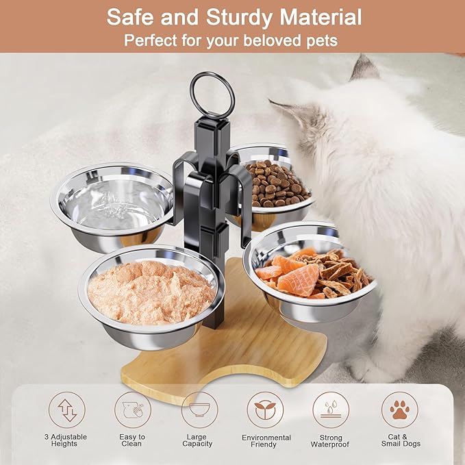 Elevated Cat Food Bowls, 3 Adjustable Heights Raised Cats Bowl for Indoor Cats Small Dogs with 4 Stainless Steel Bowls, Pet Food and Water Bowl