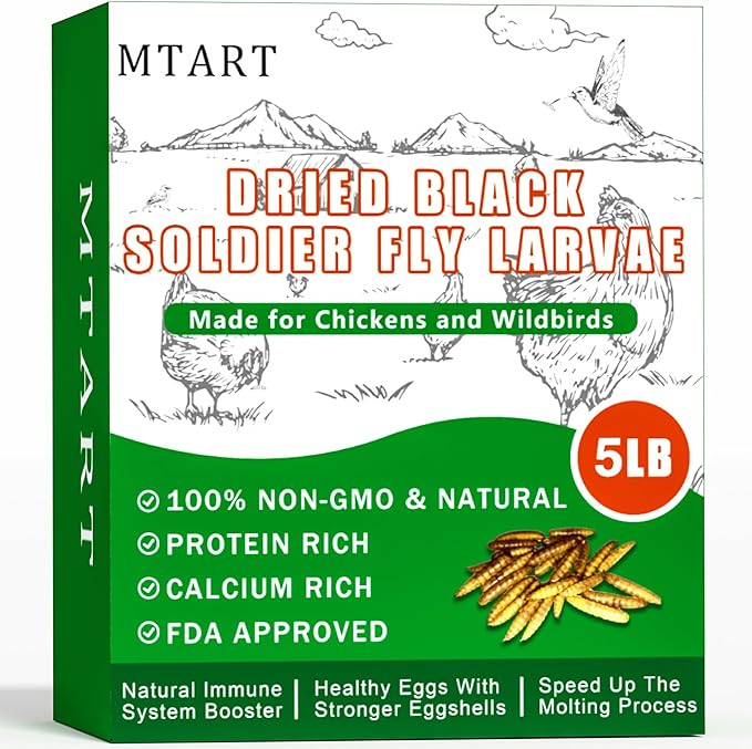 5LB Dried Black Soldier Fly Larvae Treat for Chicken, Non-GMO More Calcium Than Dried Mealworms 100% Natural High Protein Chicken Feed for Wild Birds, Layer Hens
