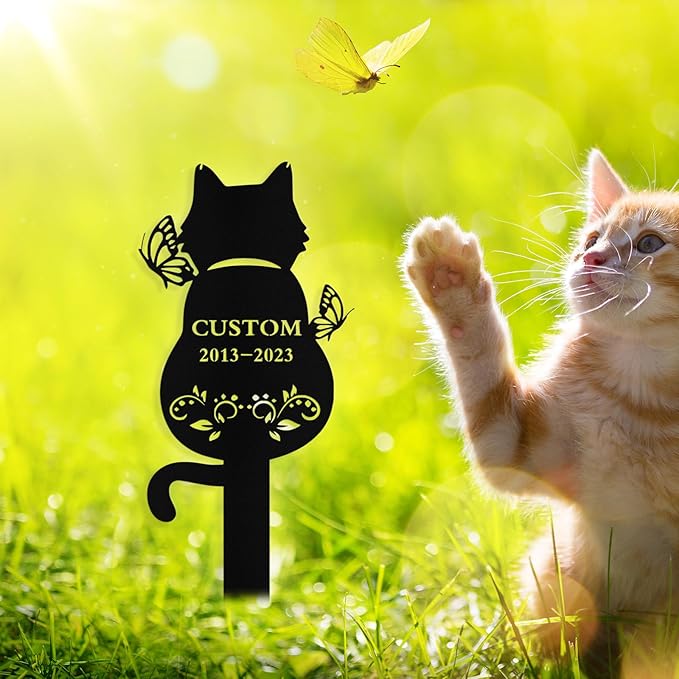 Custom Cat Grave Marker Outdoor, Personalized Metal Cat Memorial Grave Stake with Name and Date, Outdoor Waterrproof Cats Memorial Plaque