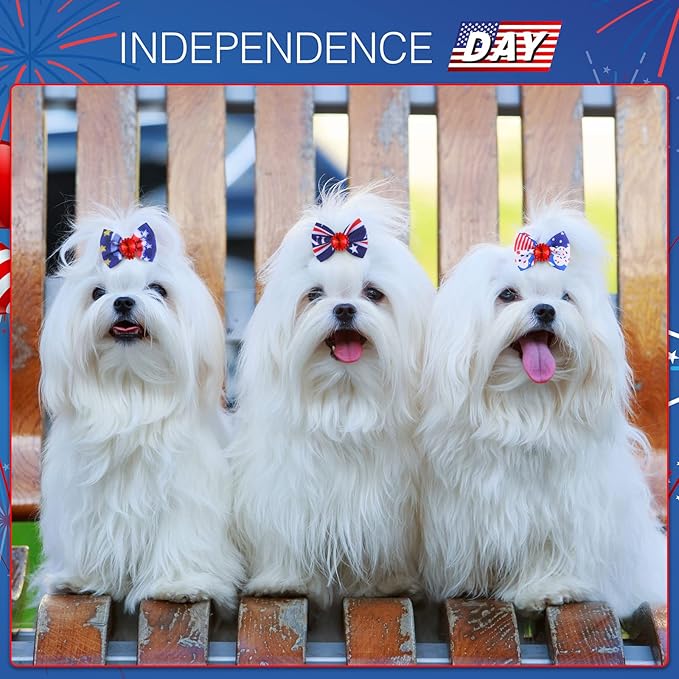 Tondiamo 100 Pack Independence Day Dog Hair Bows with Rubber Bands 4th of July Puppy Bows Rhinestone Patriotic Pet Hair Accessories Dog Bows Grooming for Small Girl Dogs (Star and Stripe)