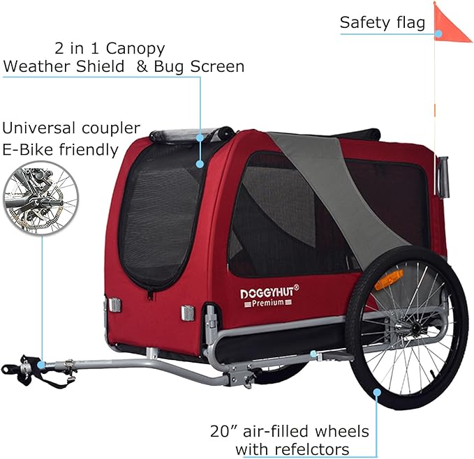 DOGGYHUT® Premium Large/XL Pet Bike Trailer & Stroller for Large Sized Dog or Multiple Small Dogs,Low Center of Gravity,Parking Brakes,Easy Folding Frame,Bicycle Carrier