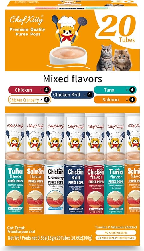Cat Treats Lickable | Grain-Free Cat Food Toppers, High Protein | Creamy Puree Squeeze Ups with Vitamin E & Taurine, Digestible Formula | 0.5 oz. Each Tube, Chicken & Seafood Mix Variety | 20 Tubes