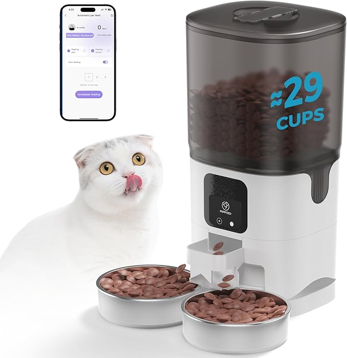 PAPIFEED 7L Automatic Cat Feeder for 2 Cats - 2.4G WiFi Timed Auto Feeder with APP Control, Cat Food Dispenser with Alexa for Multiple Cats, Detachable for Easy Clean, 1-10 Meals Per Day - White