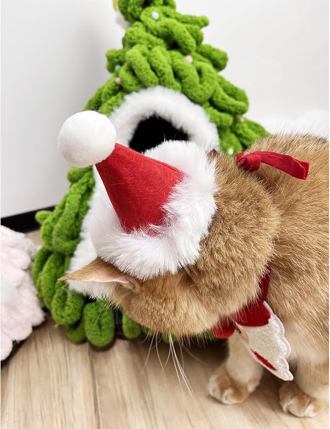 Cute Pet Christmas Costume Bandana Scarf Bib and Hat Set for Cat Small Dog, Cat Christmas Outfit Party Holiday Decorations(Red)