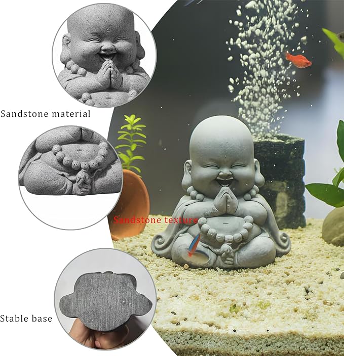LIYAOLI Wealth Good Luck Cute Buddha Statue, Sandstone Zen Monk Sculpture for Fish Tank Decorations, Aquarium Decor Ornament, Feng Shui Decor for Home Office and Car