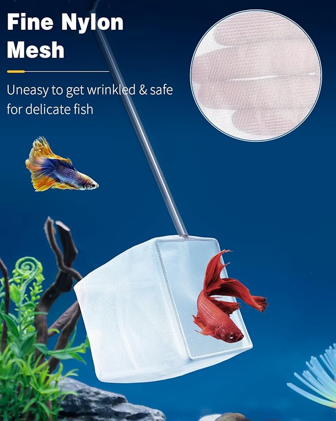 Pawfly 4 Inch Aquarium Soft Square Fine Shrimp Net, Tiny Fish Tank Net for Small Ponds, Extendable Stainless Steel Handle