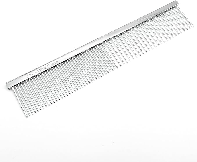 Chris Christensen 000 7.5 in. Greyhound Style Fine/Coarse Colored Butter Comb, Groom Like a Professional, Rounded Corners Prevent Friction and Breakage, Solid Brass with Steel Teeth, Chrome Finish