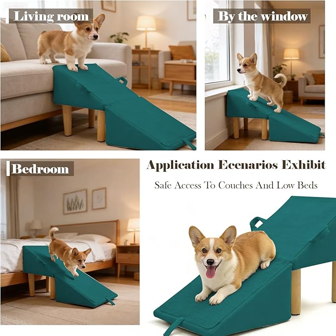 Split Ottoman Dog Ramp for Couch and Low Bed, 2-in-1 Foldable Dog Stairs for Small Dogs and Cats, Wooden Pet Ramp with Non-Slip Surface, Portable Step Stool Design, Green