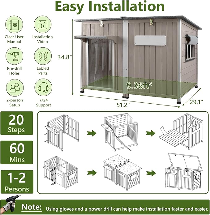 Large Dog House Outdoor XL Wooden Dog House with Weatherproof Asphalt Roof, Chew-Resistant Frame, Removable Floor, for Medium to Large Dogs Indoor Outdoor Use (Grey, 55.1"L x 33.1"W x 34.8"H)