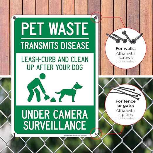 Pet Waste Leash-Curb and Clean Up After Your Dog Under Camera Surveillance Sign, 10x14 Inches, 55 mil Thick HDPS (high Density polystyrene), Made in USA
