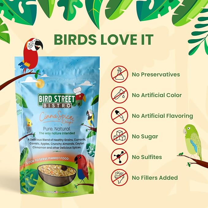 Bird Street Bistro Parrot Food for Parakeets & Cockatiels - CinnaSpice - 24 oz - Cooks in 3-15 min, Natural Grains, Fruits & Vegetables - USA Made